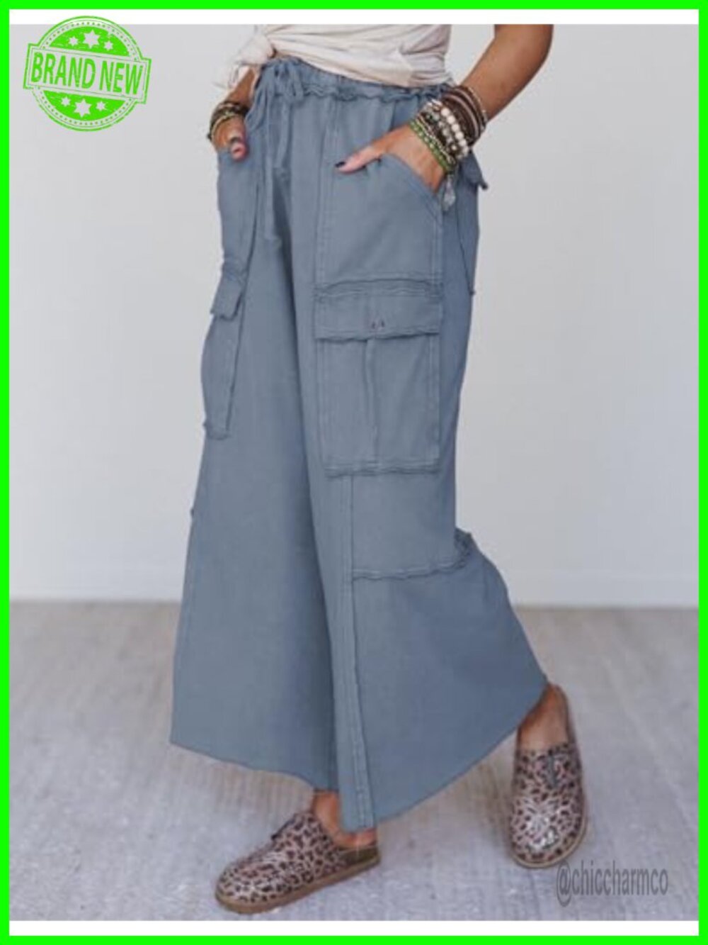 Wide Leg Acid Wash Sweatpants High Rise Baggy Cargo Drawstring Elastic Waist - Picture 2 of 6